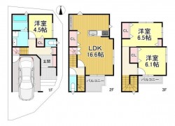 2025年8月完成の新築戸建！
東南角地のため陽当り、通風良好です♪
バルコニー南側に2箇所あり！
車庫はゆったりとしたスペースを確保！外部収納付きです♪