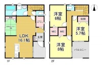  土地約１２３平米の新築３ＬＤＫ。１６．１帖ＬＤＫと３帖和室がつながる団らん空間に、ウォークインクローゼットなどたっぷりの収納を備えた住まいです。駐車2台可能。